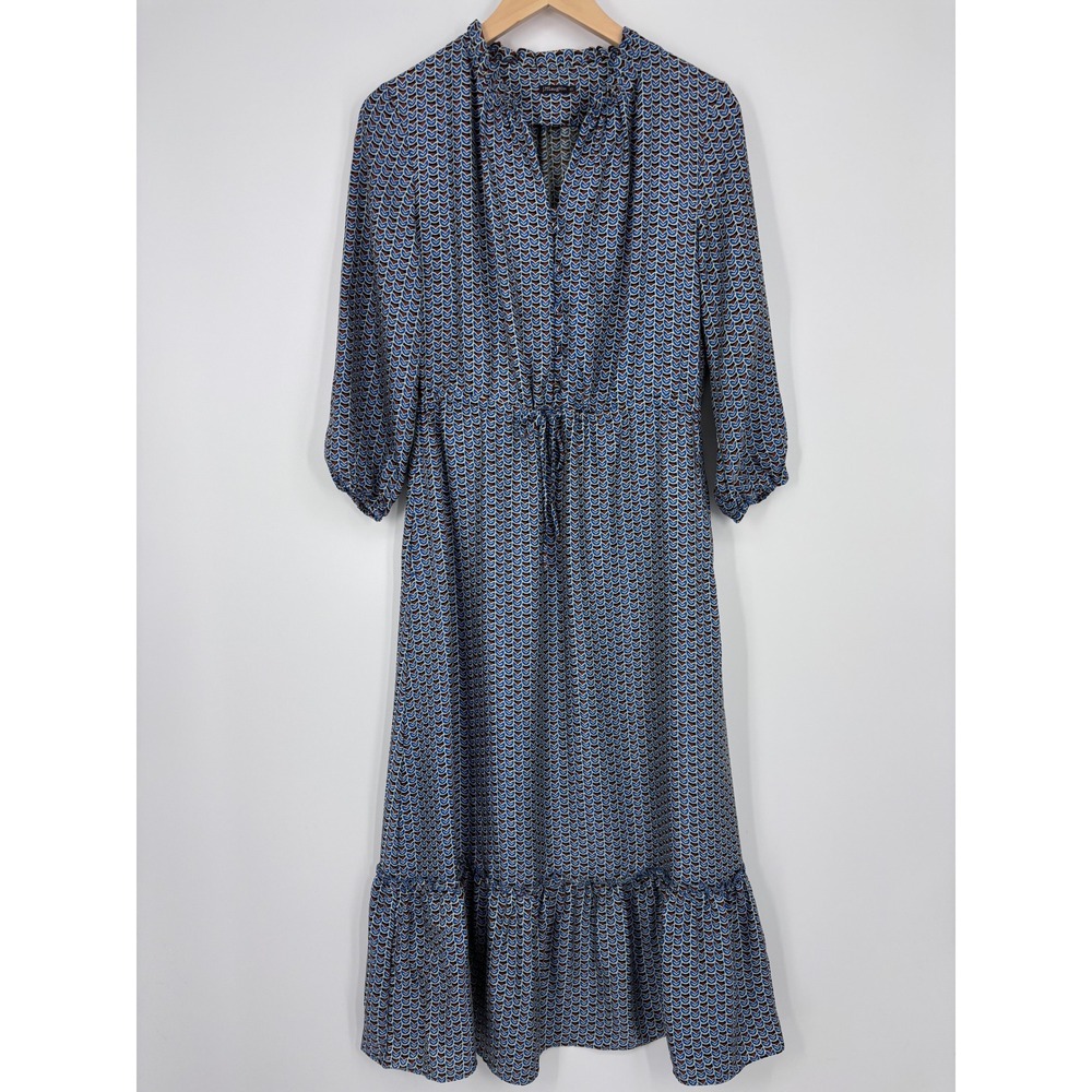 J.McLaughlin Silk Blend Geometric Print Ruffle Hem Midi Dress Women XS Blue Mod